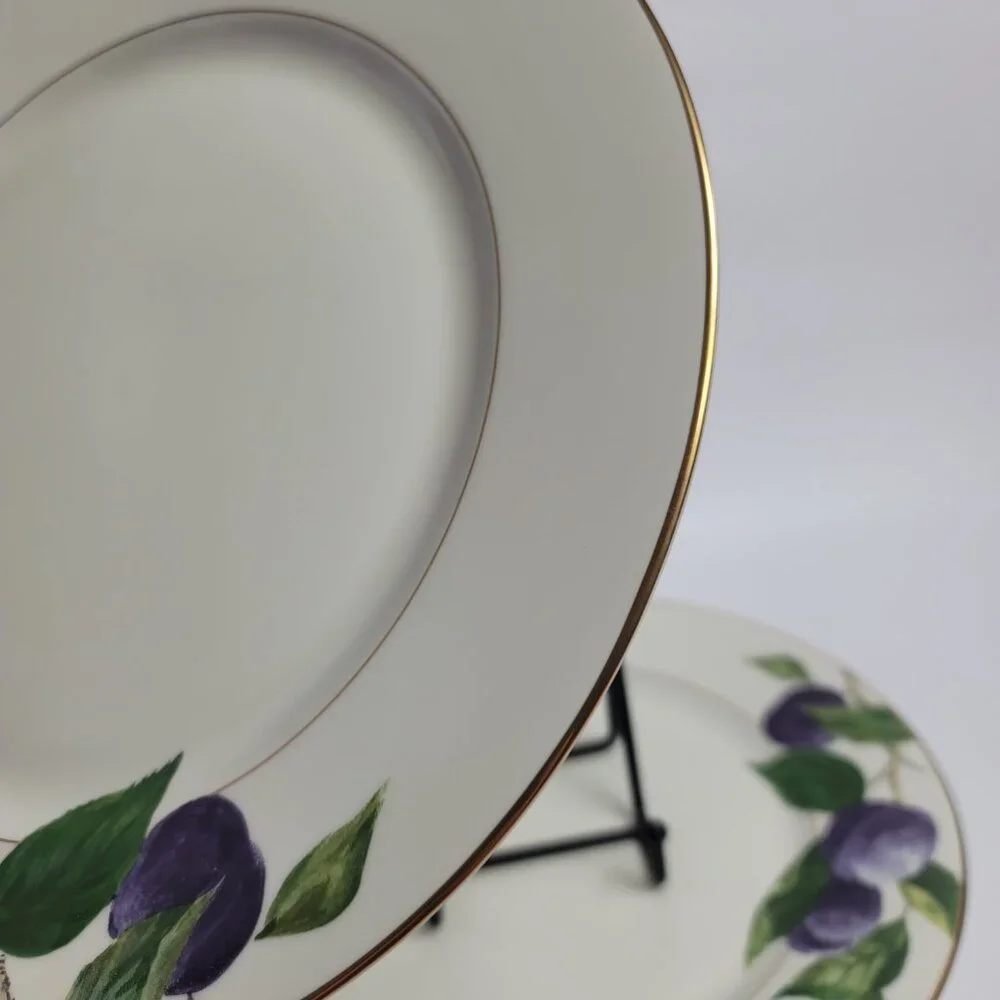 TWO Mikasa Plum L3132 Court Dinner Plates White with Purple Plums Green Leaves